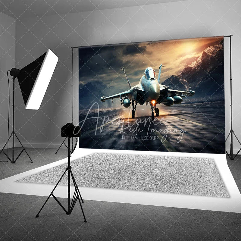 Aperturee - Aperturee Fighter Jet on Runway Backdrop Mountain Sunset Aviation Photography Background for Military Party Decor