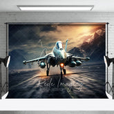 Aperturee - Aperturee Fighter Jet on Runway Backdrop Mountain Sunset Aviation Photography Background for Military Party Decor