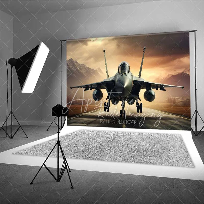 Aperturee - Aperturee Fighter Jet Runway Photography Backdrop Military Aircraft Mountain Sunset Background Cool Air Force Photo Prop