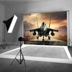 Aperturee - Aperturee Fighter Jet Runway Photography Backdrop Military Aircraft Mountain Sunset Background Cool Air Force Photo Prop