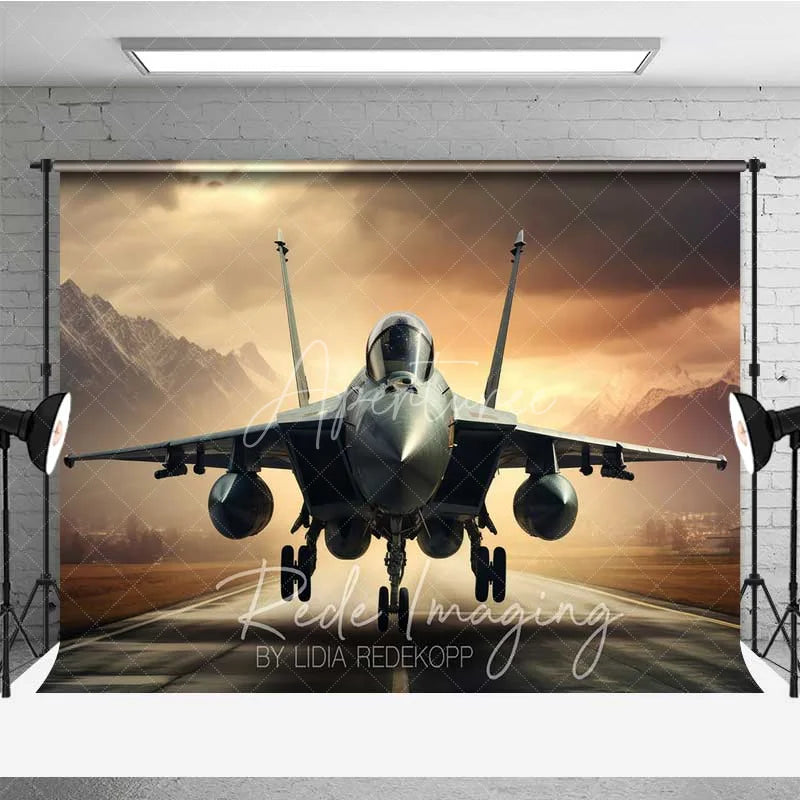 Aperturee - Aperturee Fighter Jet Runway Photography Backdrop Military Aircraft Mountain Sunset Background Cool Air Force Photo Prop