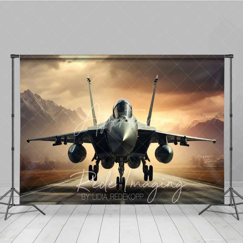 Aperturee - Aperturee Fighter Jet Runway Photography Backdrop Military Aircraft Mountain Sunset Background Cool Air Force Photo Prop