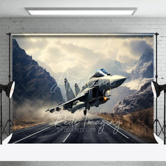 Aperturee - Aperturee Fighter Jet Taking Off over Mountain Road Backdrop Supersonic Aviation Photography Background