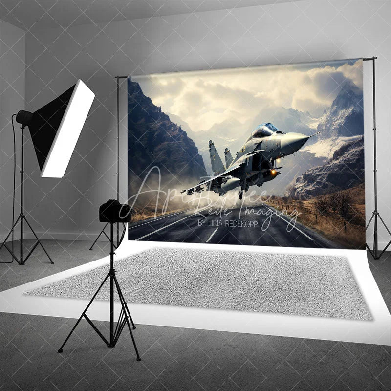 Aperturee - Aperturee Fighter Jet Taking Off over Mountain Road Backdrop Supersonic Aviation Photography Background