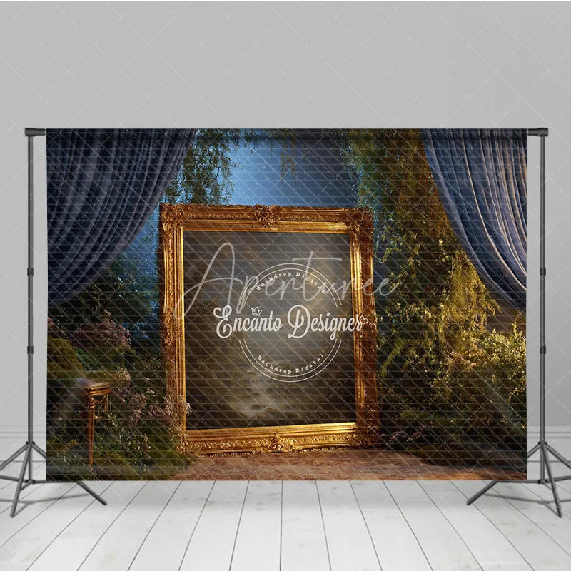Aperturee - Aperturee Fine Art Backdrop Ornate Gold Frame in Enchanted Forest Magical Dark Curtains Photography Background Prop