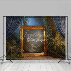 Aperturee - Aperturee Fine Art Backdrop Ornate Gold Frame in Enchanted Forest Magical Dark Curtains Photography Background Prop