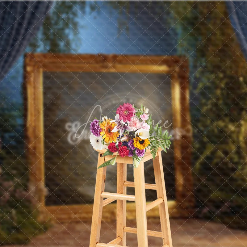 Aperturee - Aperturee Fine Art Backdrop Ornate Gold Frame in Enchanted Forest Magical Dark Curtains Photography Background Prop