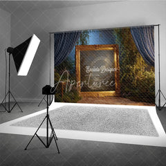 Aperturee - Aperturee Fine Art Backdrop Ornate Gold Frame in Enchanted Forest Magical Dark Curtains Photography Background Prop