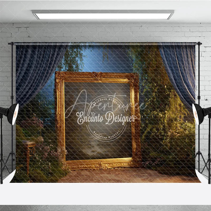 Aperturee - Aperturee Fine Art Backdrop Ornate Gold Frame in Enchanted Forest Magical Dark Curtains Photography Background Prop
