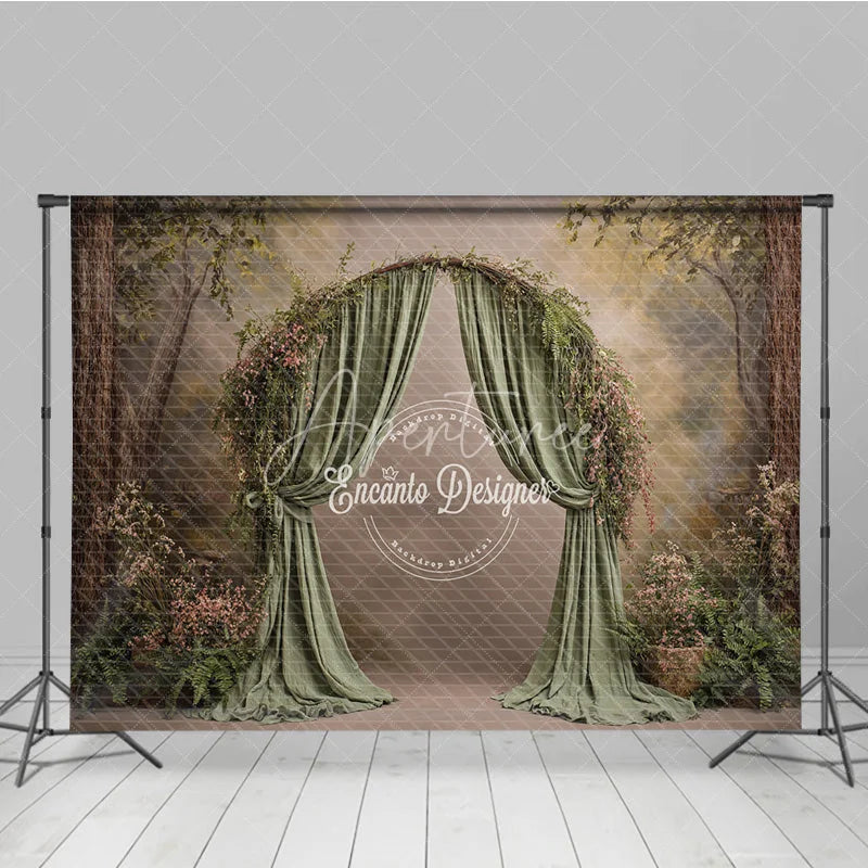 Aperturee - Aperturee Fine Art Backdrop Secret Garden Arch with Green Drapes Fern and Floral Woodland Photography Prop