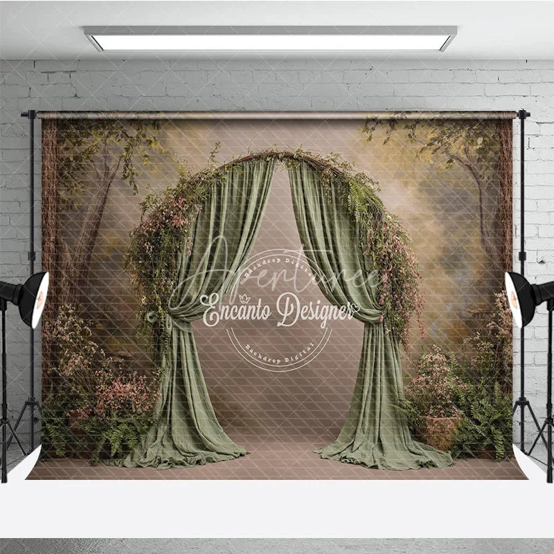 Aperturee - Aperturee Fine Art Backdrop Secret Garden Arch with Green Drapes Fern and Floral Woodland Photography Prop