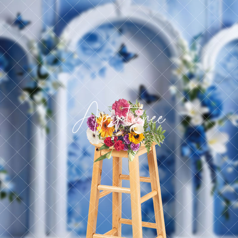 Aperturee - Aperturee Fine Art Blue White Wall Floral Butterfly Backdrop