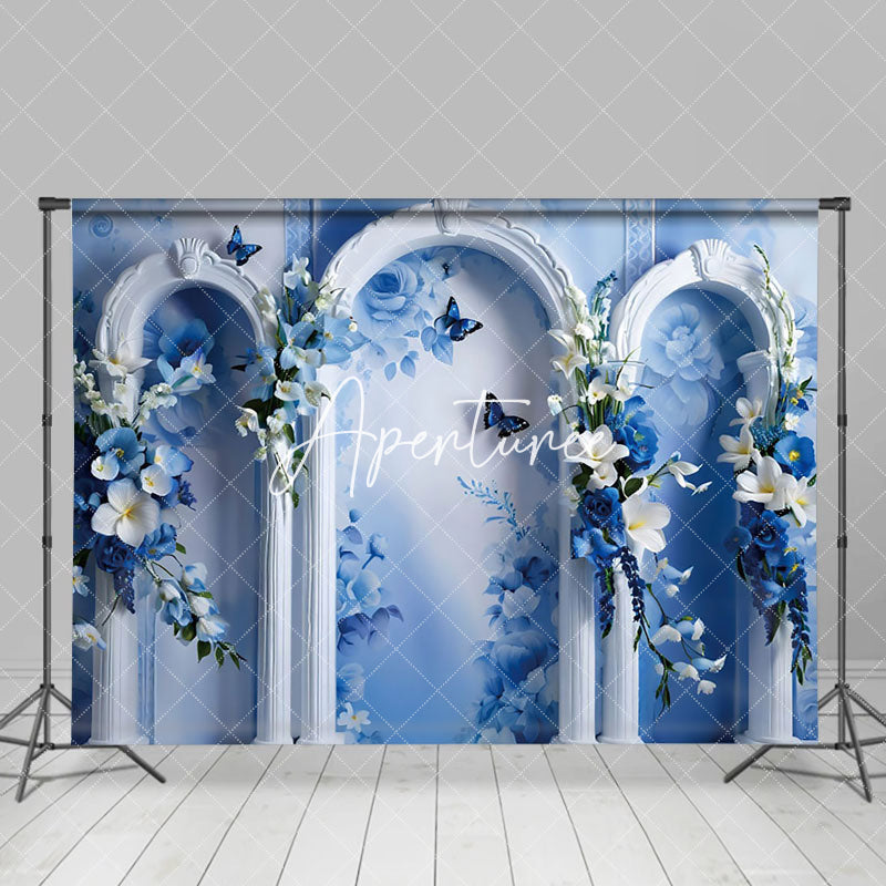 Aperturee - Aperturee Fine Art Blue White Wall Floral Butterfly Backdrop