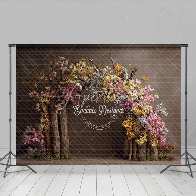 Aperturee - Aperturee Fine Art Floral Arch Photography Backdrop Rustic Wooden Branches with Spring Blossoms Painterly Photo Background