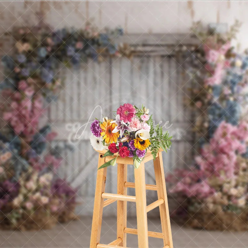 Aperturee - Aperturee Fine Art Floral Barn Door Photography Backdrop Rustic Wood Doors with Spring Flowers Painterly Photo Background