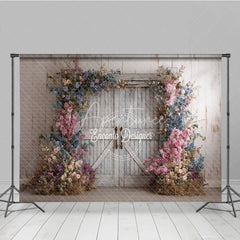 Aperturee - Aperturee Fine Art Floral Barn Door Photography Backdrop Rustic Wood Doors with Spring Flowers Painterly Photo Background