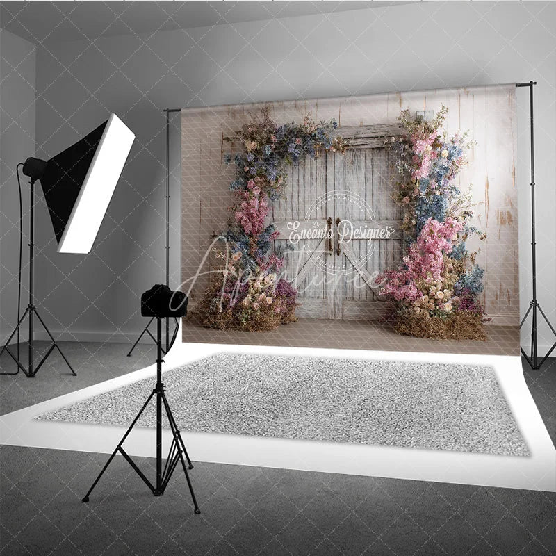 Aperturee - Aperturee Fine Art Floral Barn Door Photography Backdrop Rustic Wood Doors with Spring Flowers Painterly Photo Background