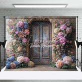 Aperturee - Aperturee Fine Art Floral Door Photography Backdrop Rustic Wood Door with Colorful Flowers Painterly Photo Background