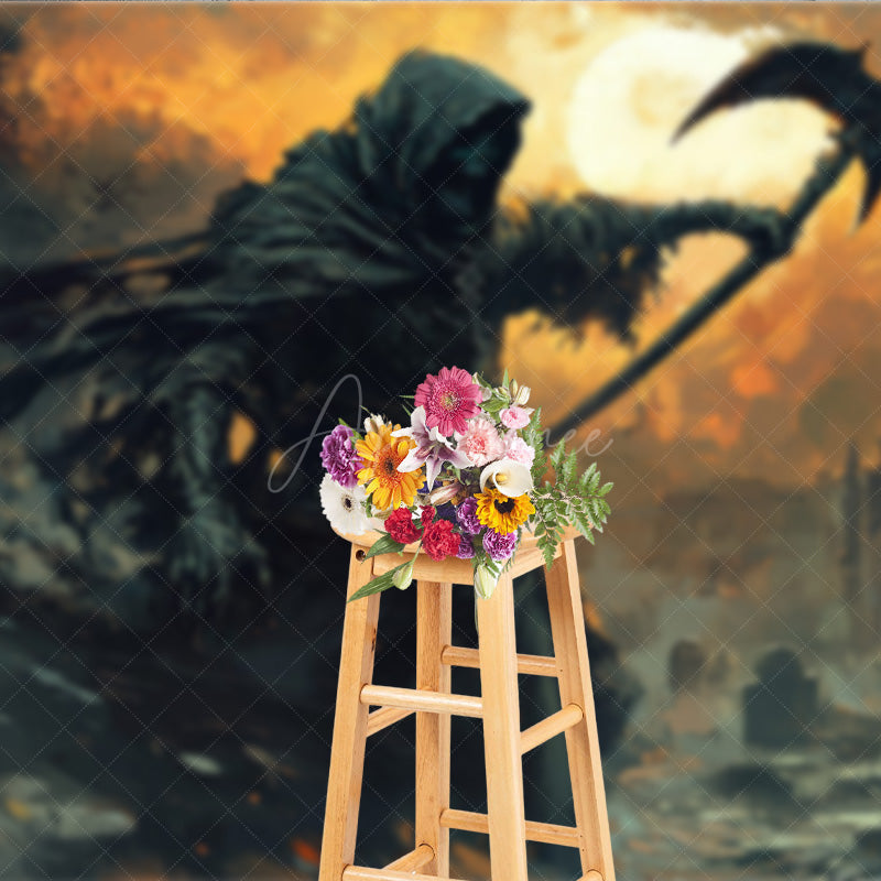 Aperturee - Aperturee Fine Art Grim Reaper Photography Backdrop Fiery Graveyard Scene for Halloween Dark Fantasy Themed Portraits