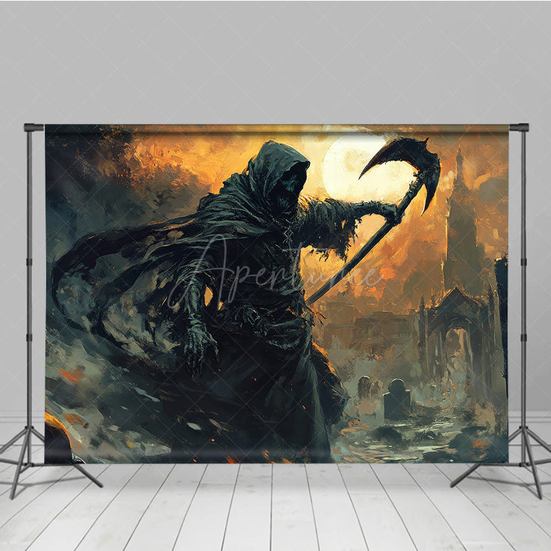 Aperturee - Aperturee Fine Art Grim Reaper Photography Backdrop Fiery Graveyard Scene for Halloween Dark Fantasy Themed Portraits