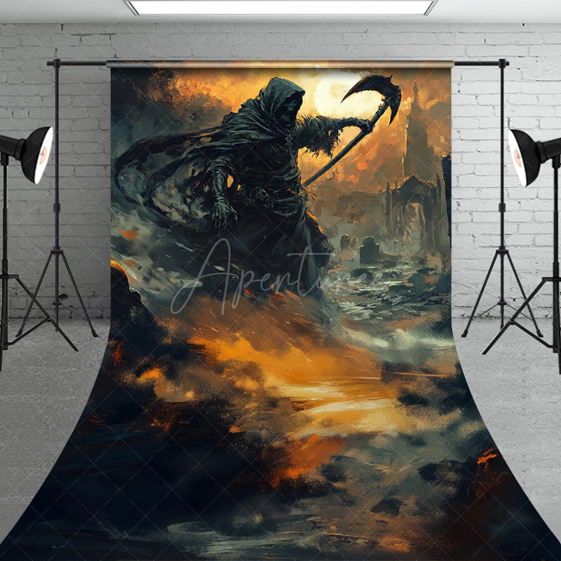 Aperturee - Aperturee Fine Art Grim Reaper Sweep Backdrop Fiery Graveyard Scene for Halloween Dark Fantasy Themed Portraits