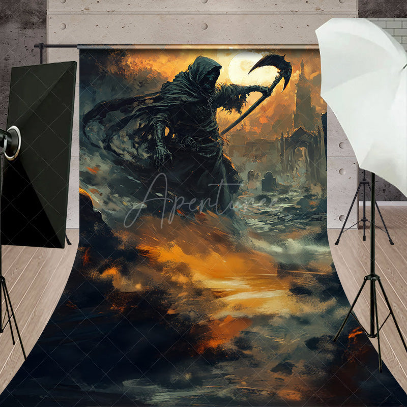Aperturee - Aperturee Fine Art Grim Reaper Sweep Backdrop Fiery Graveyard Scene for Halloween Dark Fantasy Themed Portraits