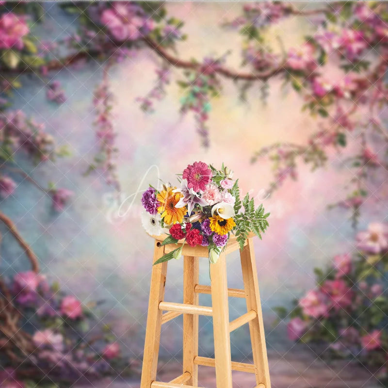 Aperturee - Aperturee Fine Art Photography Backdrop Enchanted Garden with Pink Flowers and Vines Painterly Magical Forest Background