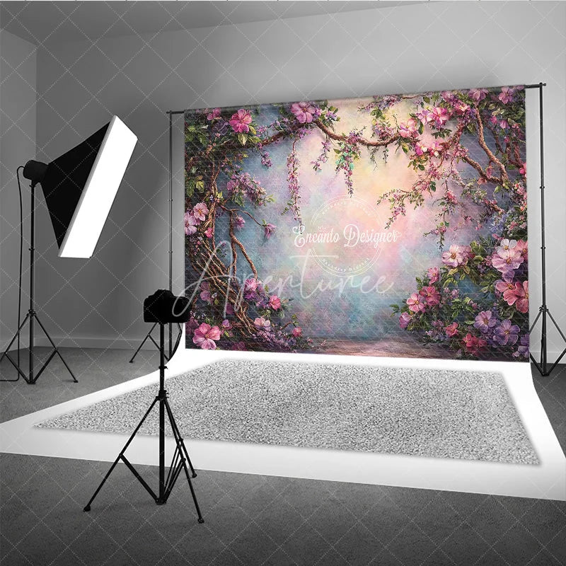 Aperturee - Aperturee Fine Art Photography Backdrop Enchanted Garden with Pink Flowers and Vines Painterly Magical Forest Background