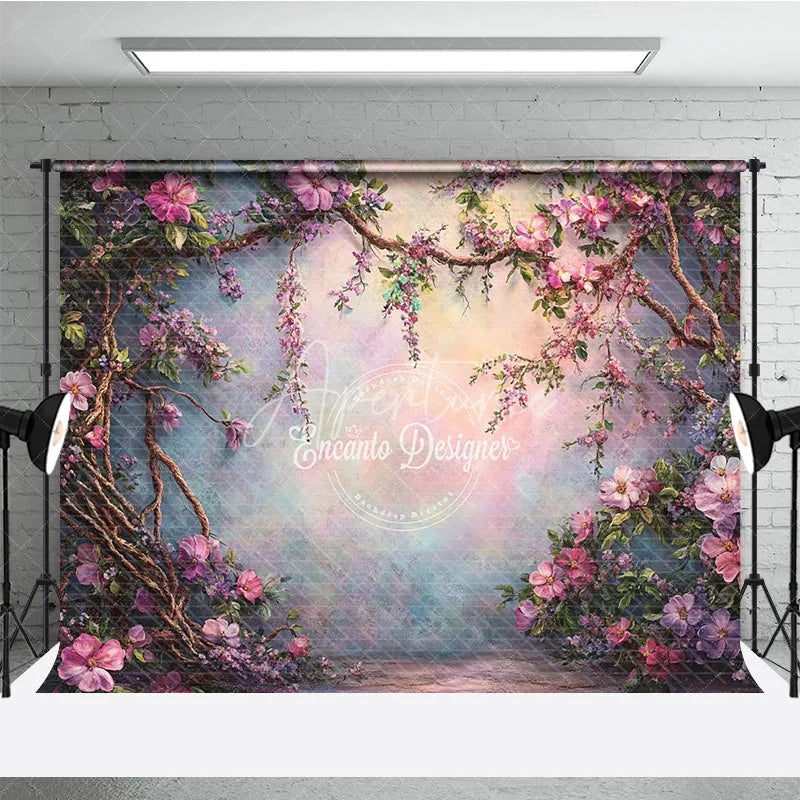 Aperturee - Aperturee Fine Art Photography Backdrop Enchanted Garden with Pink Flowers and Vines Painterly Magical Forest Background