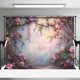 Aperturee - Aperturee Fine Art Photography Backdrop Enchanted Garden with Pink Flowers and Vines Painterly Magical Forest Background