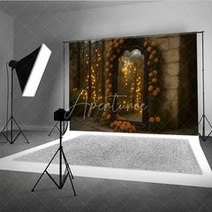 Aperturee - Aperturee Fine Art Photography Backdrop with Ornate Mirror Orange Roses and Bokeh Lights Romantic Moody Wedding Photo Booth