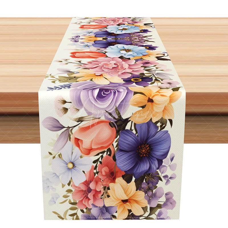 Aperturee - Aperturee Fine Art Spring Flowers Table Runner Oil Painting Style with a Colorful Bouquet Elegant Kitchen Dining Decor
