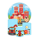 Aperturee Aperturee Firefighter Birthday Round Backdrop Kit Fire Station and Fire Truck Theme Boys Future Fireman Party Photo Prop