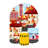 Aperturee Aperturee Fireman in Action Birthday Round Backdrop Kit Firefighter with Helicopter Boys Rescue Hero Party Photo Prop