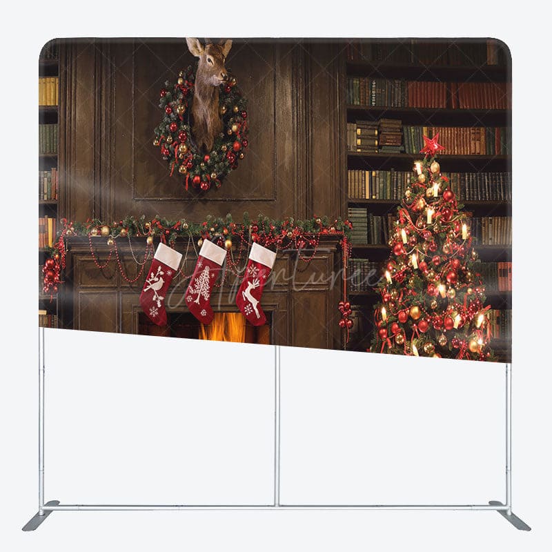 Aperturee - Aperturee Fireplace Bookshelf Christmas Pillow Case Backdrop