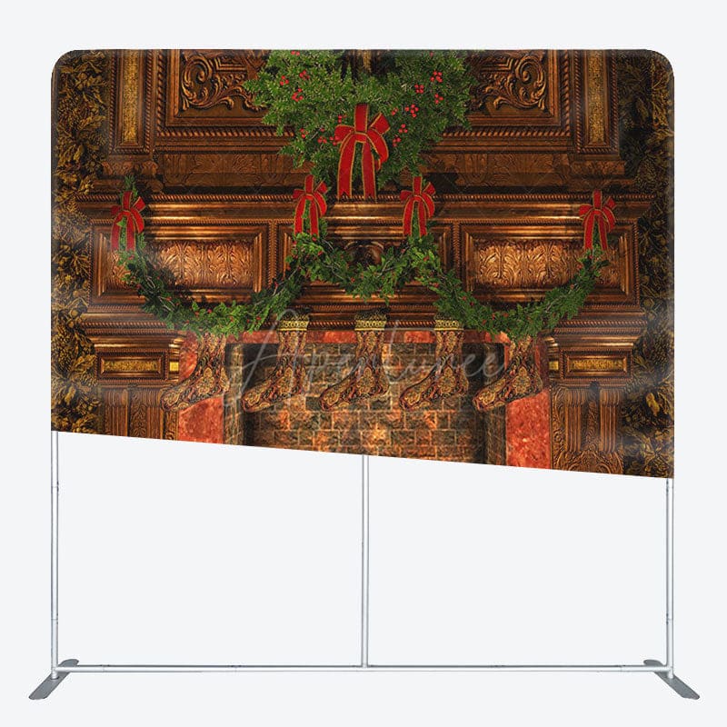 Aperturee - Aperturee Fireplace Brick Fabric Backdrop Cover for Christmas