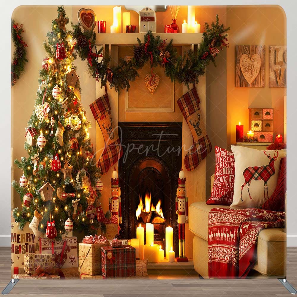 Aperturee - Aperturee Fireplace Candlelght Christmas Pillow Case Backdrop