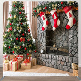 Aperturee - Aperturee Fireplace Christmas Tree Square Pillow Case Backdrop