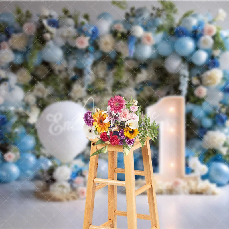 Aperturee - Aperturee First Birthday Cake Smash Backdrop Blue Balloons and White Floral One Year Old Boy Party Banner