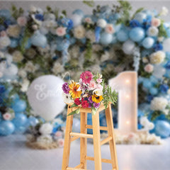 Aperturee - Aperturee First Birthday Cake Smash Backdrop Blue Balloons and White Floral One Year Old Boy Party Banner