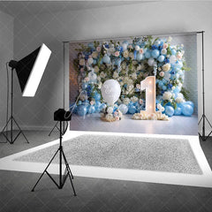 Aperturee - Aperturee First Birthday Cake Smash Backdrop Blue Balloons and White Floral One Year Old Boy Party Banner