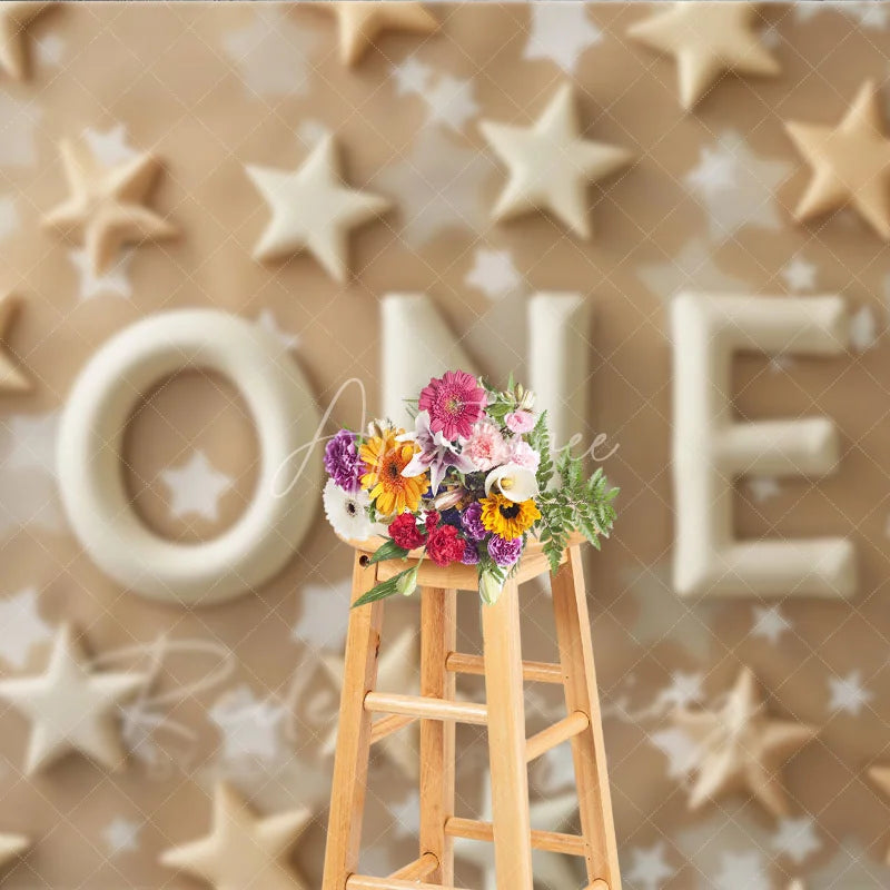 Aperturee - Aperturee First Birthday ONE Photography Backdrop Neutral Tan and Cream Stars Photo Background