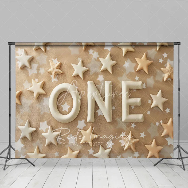 Aperturee - Aperturee First Birthday ONE Photography Backdrop Neutral Tan and Cream Stars Photo Background