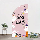 Aperturee - Aperturee First Boo Day Halloween Half Moon Arch Backdrop for First Birthday Cute Ghost and Pumpkin Spooky Themed Party Photo