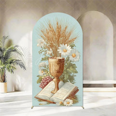 Aperturee - Aperturee First Holy Communion Arch Backdrop Religious Stained Glass Golden Chalice and Grapes Party Decor