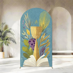 Aperturee - Aperturee First Holy Communion Arch Backdrop Religious Stained Glass Golden Chalice and Grapes Party Decor