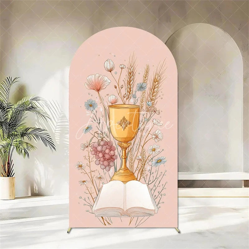 Aperturee - Aperturee First Holy Communion Arch Backdrop Religious Stained Glass Golden Chalice and Grapes Party Decor