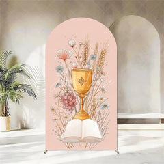 Aperturee - Aperturee First Holy Communion Arch Backdrop Religious Stained Glass Golden Chalice and Grapes Party Decor