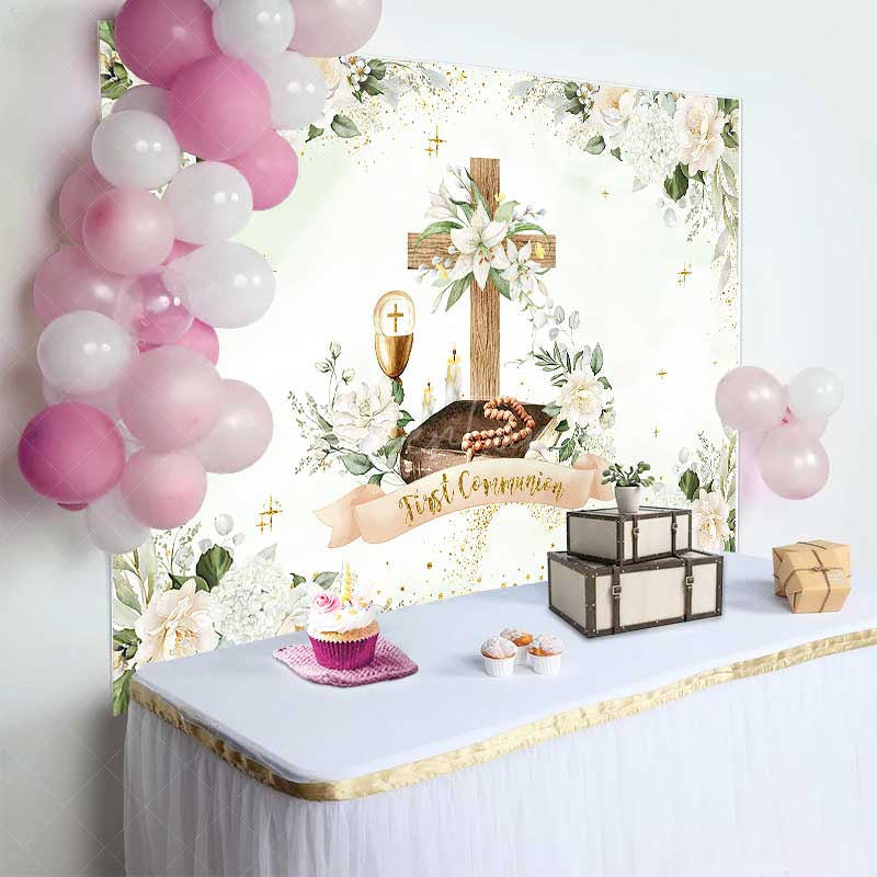 Aperturee Aperturee First Holy Communion Photography Backdrop White Floral Cross and Greenery God Bless Baptism Photo Prop Decor