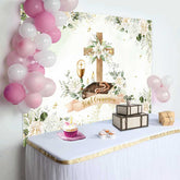 Aperturee Aperturee First Holy Communion Photography Backdrop White Floral Cross and Greenery God Bless Baptism Photo Prop Decor